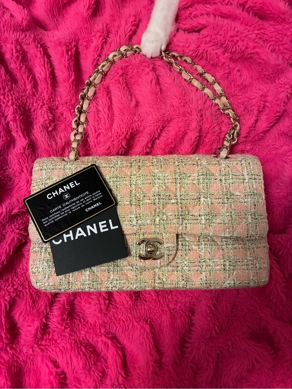 CHANEL Pastel Pink and Cream Tweed Shoulder Bag with Gold Chain